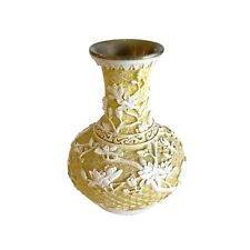 Vintage Asian Hand Carved Cream White Birds Flowers Blooms Ceramic Brass Vase picture