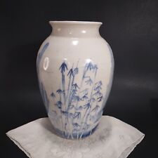 Vintage Chinoiserie Blue & White Porcelain Vase Tall Grass Signed Belleau 8.75