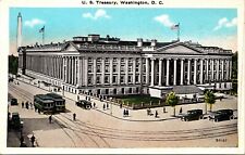 Historic US Treasury Building Washington DC Flags Flying Trolleys Cars Postcard picture