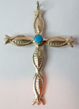 VINTAGE NAVAJO STERLING SILVER TURQUOIS STONE CROSS PENDANT 64MM X 42MM WIDTH picture