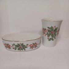 VINTAGE CHRISTMAS SOAP DISH AND TUMBLER HOLLY BERRY BATHROOM PORCELAIN SET  picture