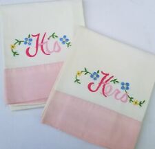 Vintage Embroidered Pillowcases HIS HERS Floral Pink Trim Wedding Gift Cottage picture