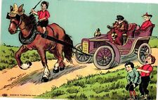 Vintage Postcard- BOY RIDING A HORSE PULLING A CAR WITH OTHER CHILDR Early 1900s picture