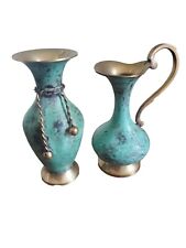 Vintage Solid Brass & Enamel Blue Mini Vase & Pitcher Made In India 5.5