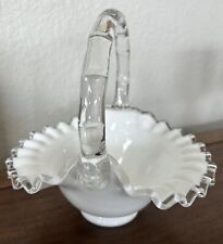 Vintage Fenton Silver Crest Ruffled White Milk Glass Decorative Basket (1960s) picture