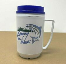 Vintage FISHING THE WEST Logo Travel 12oz Beverage Mug w Lid Blue White Preowned picture