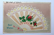 Best Wishes, Vintage postcard Fan, Embossed, rose buds, Post marked, Undivided picture