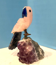 VINTAGE HANDCARVED ROSE QUARTZ SMALL SITTING PARROT ON AMYTHYST 3X2 MCM picture