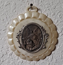 Vintage Unique  Round Plastic Catholic Baptism/Crib Medal/Calling God's Angel picture