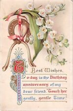 1922 Birthday Postcard of a Horseshoe, Wishbone, & Lovely Lily of the Valley picture