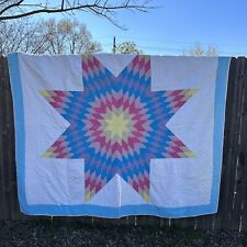 Vintage 40s 50s Lone Star Pink Blue Yellow Floral Quilt Hand Stitched 84 X 74 picture