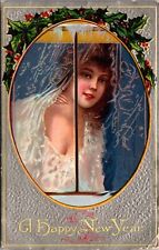 New Year Postcard Beautiful Woman Looking Out a Window, Holly picture