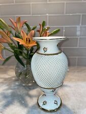 Vintage Italian Porcelain Vase, Reticulated Woven Hand Painted Floral Gold Trim picture