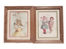 2 Vtg Maud Humphrey Wood Framed Prints Girl w/Birds & Children Parade Victorian picture