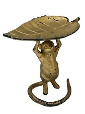 Mouse Holding a Leaf over its Head Painted Brass Figurine Trinket Dish 4” picture