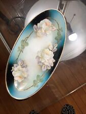 Hand Painted Celery Serving Dish Germany Vintage Blue Oval Shape Floral Gold Trm picture