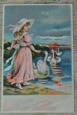 Victorian Postcard German Embossed Child by Lake with Swans Unused picture