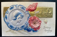 Vintage Victorian Postcard 1901-1910 Birthday Greetings - Blue China Plate picture