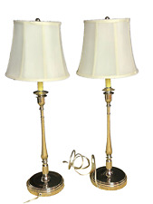 Pair Ralph Lauren Home Candlestick Table Lamps Silver Chrome Metal White Shades picture