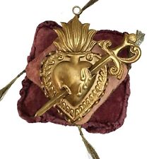 Sacred Flaming Heart, Coat of Arms Emblem, Antique Gold Finish with Sword  picture