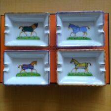Hermes Paris Ashtray A Set of 4 Horse Design Porcelain Mini Tray 8 x 6 cm w/ Box picture