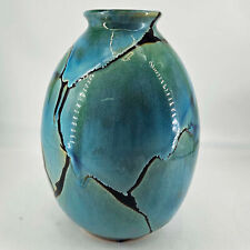 Numbered studio art pottery unique glazed blue green vase picture