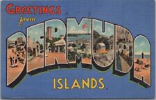 Vintage BERMUDA ISLANDS Large Letter Linen Postcard Stamp & 1951 Bermuda Cancel picture