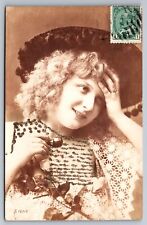 Postcard Pretty Lady Victorian Pom-Pom Hat Holding Tobacco Pipe Sepia Glitter picture