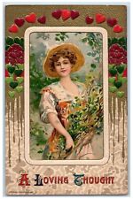 1908 Valentine Pretty Girl Hearts Flower John Winsch Artist Signed Postcard picture