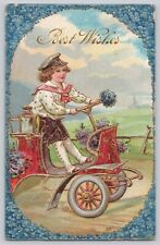 Postcard Best Wishes Pretty Lady Automobile Embossed c 1909 picture