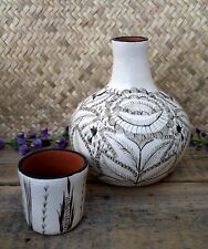 Floral Vase & Cup Cream & Dark Brown Hand Painted Michoacan Mexican Folk Art picture
