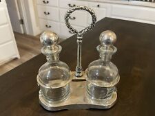 Vintage Silver Tone Ornate Pewter Vinegar Oil Condiment Set with Holder - B81 picture