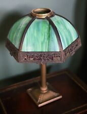 Antique 12 Panel Arts & Crafts Slag Glass Table Lamp with Green Slag/ Red Glass picture