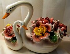 Rare Vtg. Capodimonte Two Swans Two Floral Bouquet Roses Centerpiece Italy picture