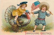 THANKSGIVING-Children, Turkey and Flag Patriotic Thanksgiving Greetings Postcard picture