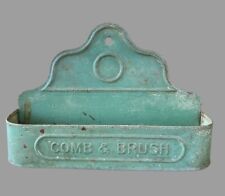 Antique Tin Metal Comb & Brush Holder Wall Mount Rustic Green Paint Great Patina picture