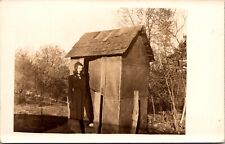 Real Photo Postcard Cute Woman Outside Small Wood Hut Building~1784 picture
