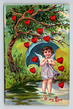c1914 Valentine To My Love Cherub in Stream Umbrella Hearts Postcard picture