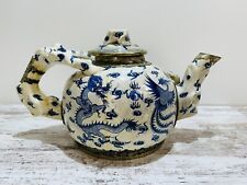Giant blue & white 1930s teapot with pewter trim Dragon & Phoenix A3 picture