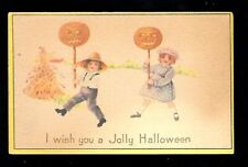 c1914 Gibson Halloween Postcard Children Carrying Pumpkins on a Stick picture
