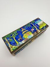 Vintage Chinese Brass & Enameled Stamp Jewelry Trinket Box Temple & Chinoiserie  picture