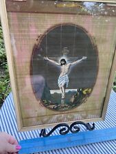 Antique Crucifix Japan Calendar Framed INRI Bamboo 14” G29 picture