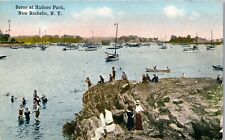 Vintage Postcard Scene at Hudson Park New Rochelle NY Sunbathers Boats  picture
