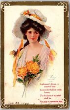 1908 Beautiful Lady Pretty Face Fancybhat Flowers Bordered Card Posted Postcard picture