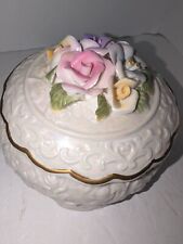 Vintage Porcelain Trinket Box w Roses  Vanity Jewelry Holder picture
