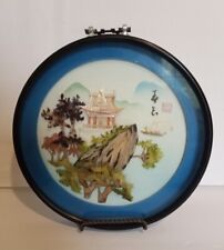 Vintage Asian Carved Shell Art Mother of Pearl Asian 3D circular Landscape picture