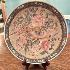Vintage 10” Ceramic Hand Painted Macau Pink Blue Gold Pheasant Decorative Plate  picture