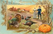 Tuck Thanksgiving Day Postcard 175. Pilgrims Hunt Turkeys, Corn Vignette Pumpkin picture