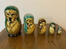 Set Of 5 Golden Retriever Russian Wooden Nesting Dolls 6.25 Inches Artist Signed picture