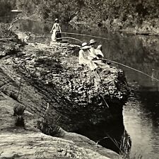 Antique B&W Snapshot Photograph Women Fishing From Rock Nature Peaceful picture